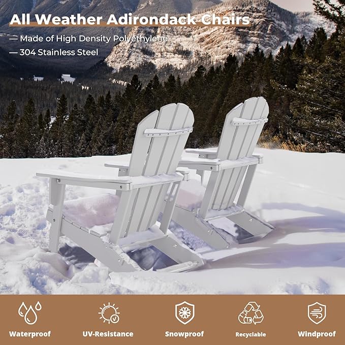 BRIOPAWS Folding-Adirondack-Chairs Set of 2 | HDPE Plastic | Fire Pit Chair | Cup Holder | Curved Back | All Weather| for Outdoor Backyard Deck Patio | White
