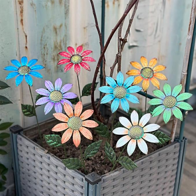 Metal Flowers for Outside,8 Pack 16.15" Decorative Garden Stakes with Swaying Flowers Head Yard Art,Spring Garden Decor for Lawn, Pathway & Garden