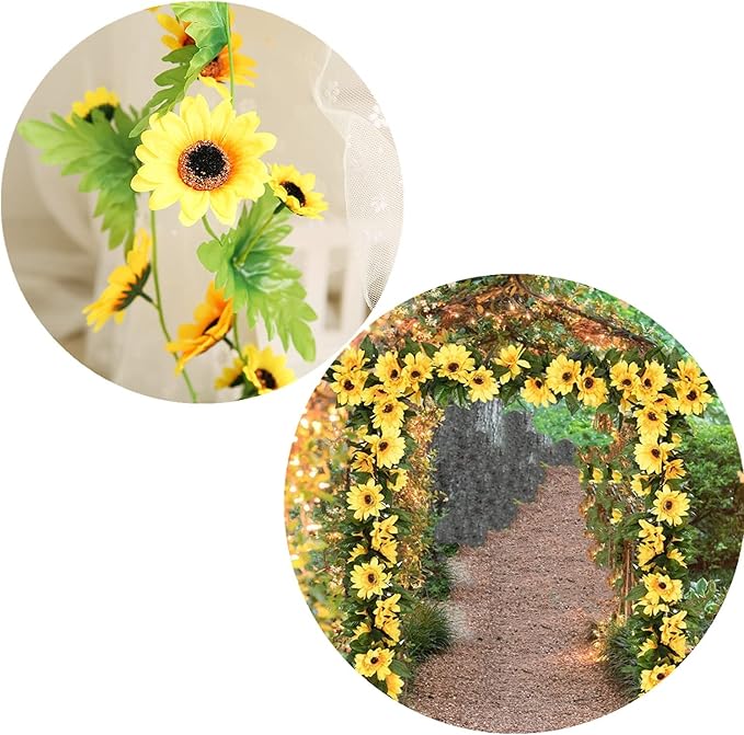 2 Pcs Artificial Sunflower Garland,Sunflower Vine with Leaves,Hanging Garland with Green Leaves,Outdoor False Flower Arch,Arrangement for Wedding Party Anniversary Home Office Table Centerpiece Decor