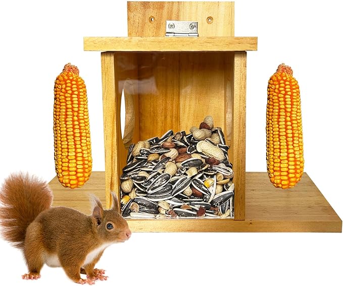 Squirrel Feeder, Wooden Squirrel Feeders for Outside with Corn Cob Holder and Removable Front Panel, Outdoors Durable Wood Chipmunk House for Corn Peanuts, Easy to Clean & Refill, Rainproof
