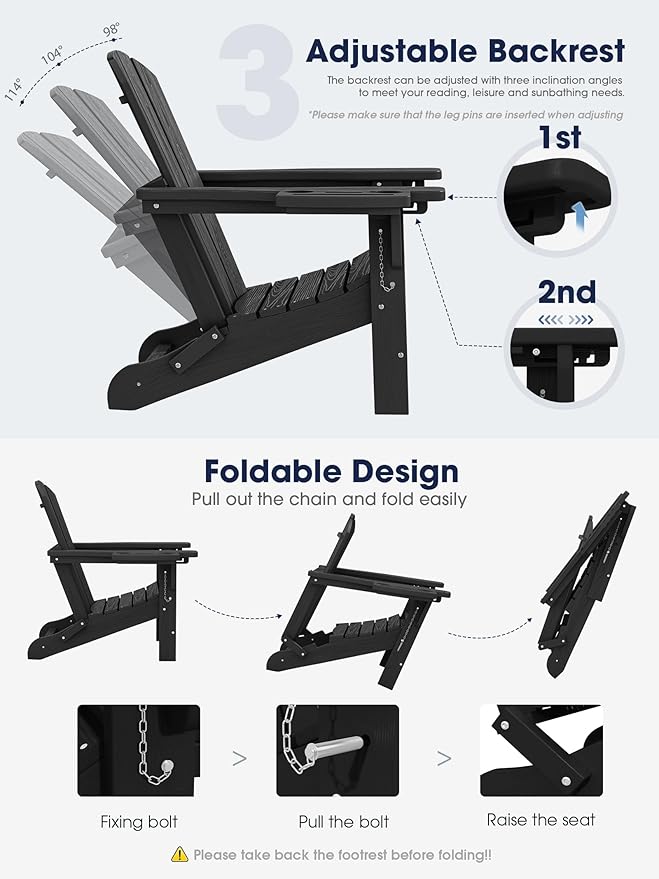KINGYES Adjustable Folding Adirondack Chair with Footrest & 4-in-1 Multi-Functional Armrest Organizer Set of 2, HDPE Foldable Recliner Adirondack Chair with Pull-Out Ottoman, Black