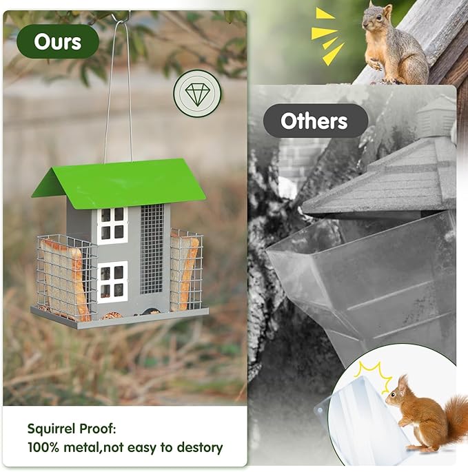 Metal Bird Feeders for Outdoors Wild Bird Feed with 2 Suet Cage Cake Squirrel Proof Hanging Feeder Large Capacity Wild Bird Feeder Easy Clean&Anti-Rust Attracting Birdhouse Green
