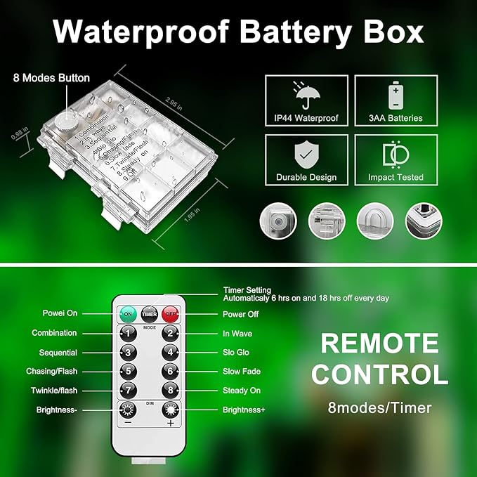 JMEXSUSS 2 Pack Green Rope Lights Battery Operated String Lights Outdoor Waterproof, Total 200LED 66ft Remote Battery Powered Christmas Light, Green Light for Patio St Patricks Day Decorations