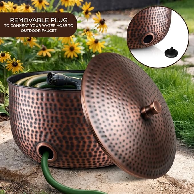Monarch Abode Garden Hose Holder with Lid – Decorative Water Hose Holders for Outside, Hand Hammered Metal Antique Copper Pot with Drainage, 100ft Waterhose Holder for Outside, Garden Storage Caddy