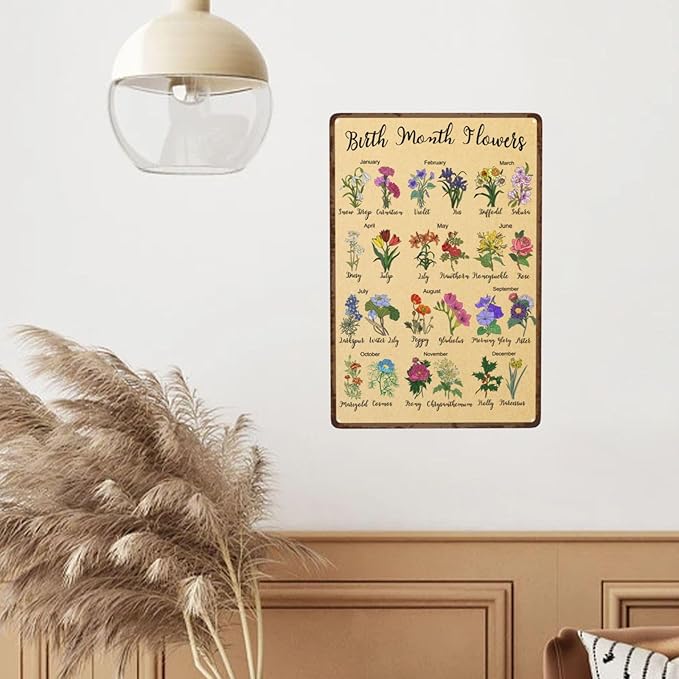 Birth Month Flower Garden Gifts Vintage Metal Tin Sign Retro Rustproof Funny Art Wall Decor Gift for Home Greenhouse Living Room Bedroom Yard Cottage Outdoor 8x12 Inch