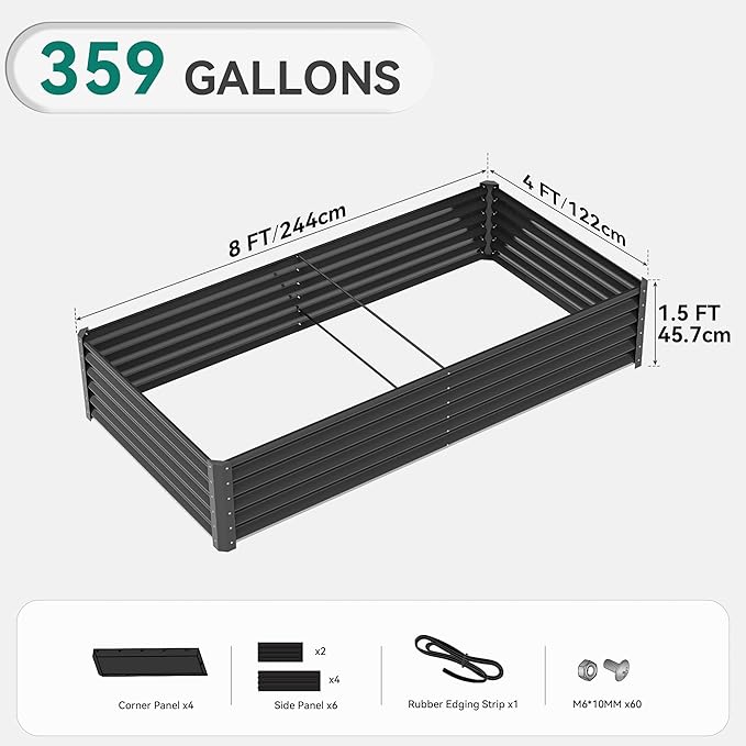 YITAHOME 96x48x18 in 2pcs Galvanized Raised Garden Bed Kit, Large Metal Planter Box with Gloves, Safety Rubber & Support Rod, Outdoor Flower Bed for Plants Vegetables, Black