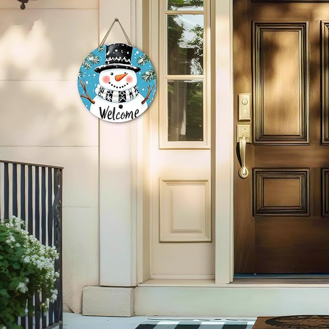 Winter Snowman Welcome Door Sign for Front Door Blue Snowman Snowflakes Wooden Door Hanger Holiday Hanging Porch Wall Sign Farmhouse Seasonal for Home Decorations 12 x 12 inch