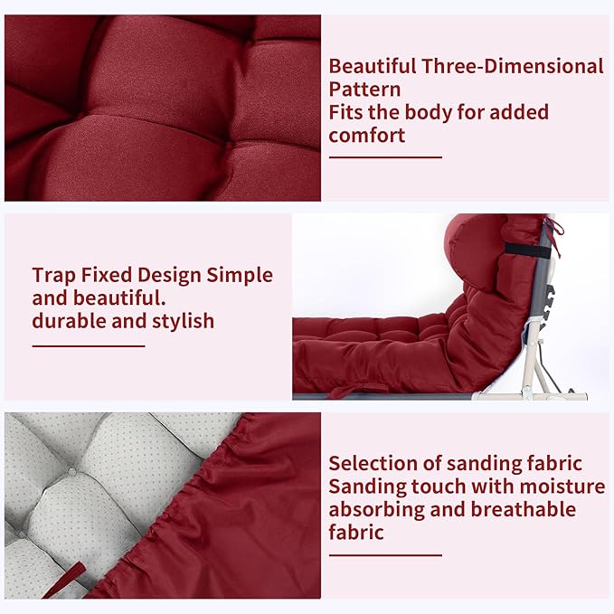 Tudomro 66'' Outdoor Chaise Lounge Cushion Waterproof Patio Lawn Pool Chaise Lounge Cushion with Headrest Pillow & Ties Weather Fade Resistant Replacement Longue Chair Pad