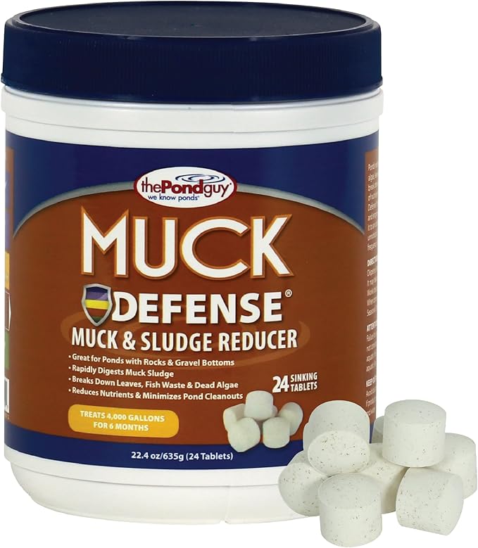 The Pond Guy Muck Defense, Natural Sludge Control Treatment, Water Garden Mud Digester & Odor Remover, Fish, Bird & Pet Safe, Easy Dosing, 24 Tablets