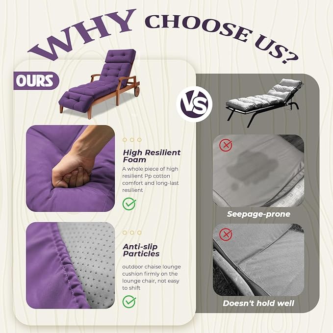 Waterproof Long Lounger Chair Cushion Outdoor Chaise Lounge Chair Cushionswith Ties, Patio Recliner Thickened Lounge Chair Cushions for Indoor 74.4 x 22 x 4.7 Inches, Black (Purple)