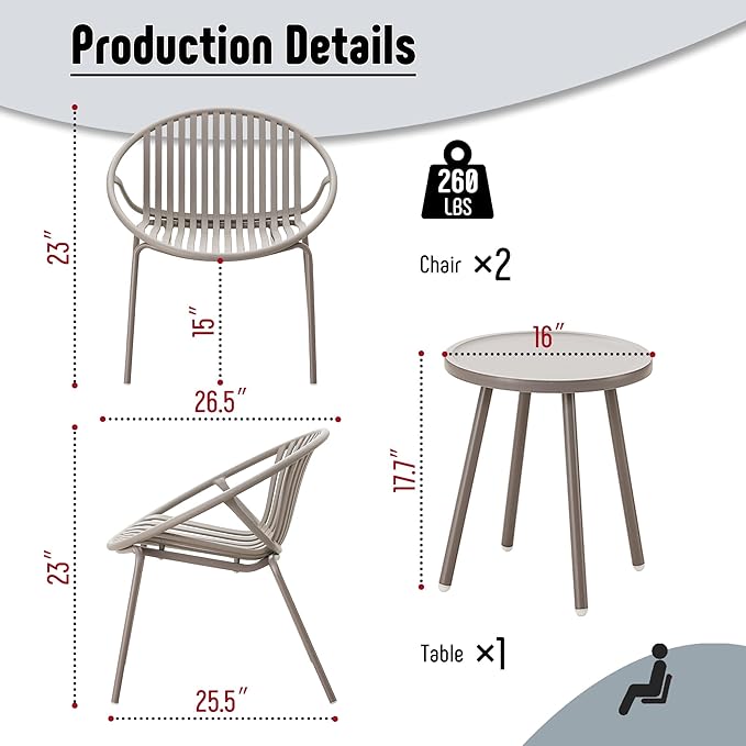 Patio Furniture Set, 3 Pieces Outdoor Furniture with Bistro Table and Chairs Set of 2, Outdoor Patio Set with Porch Chairs and Table, Deck Conversation Set for Garden Poolside