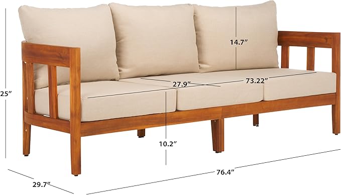 SAFAVIEH Outdoor Collection Owen Natural Teak Solid Wood/Taupe Cushion 3-Seater Sofa