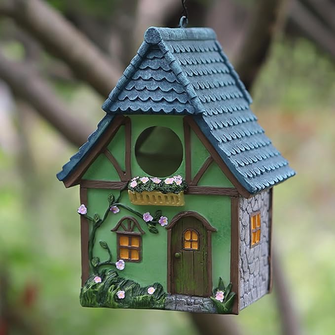 Bird Houses for Outside Cottage Garden Birdhouse –Green Resin Birdhouses for Outdoors with Flower and Stone Details for Bluebird Finches Cardinals Bird Nesting Garden, Patio, Yard