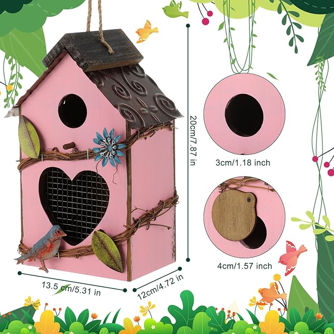2 Pcs Decorative Birdhouse for Yard Outside Hanging Wooden Birdhouse Hand Painted Bird Box for Bird Lovers Bluebird Tree Swallow Wild Chickadee Garden Decor(Pink,Yellow,Iron Roof)