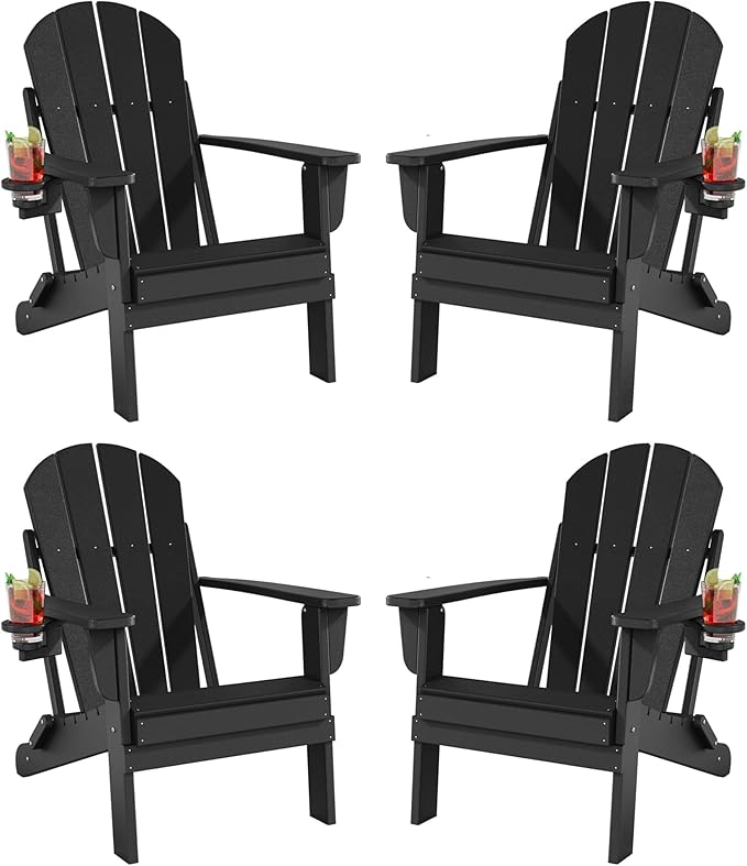 Folding Adirondack Chairs Set of 4, All-Weather Resistant HDPE Patio Firepit Chairs, Sturdy Outside Chairs with Cup Holder, Lawn Chairs, 80% Pre-Installed Load Capacity 385lb, Black