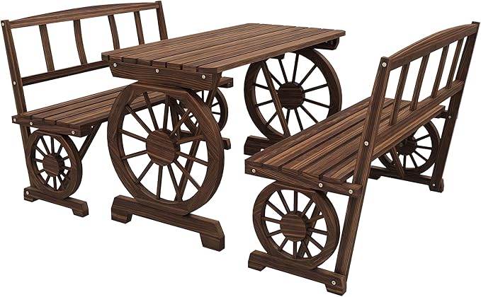 Outsunny Outdoor Table and Chairs for 4 People, Wooden Patio Table and Dining Bench Set, 3 Piece All Weather Furniture Set with Wagon Wheel Design for Backyard Garden, Deck, Carbonized