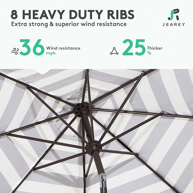 JEAREY 10FT Patio Umbrellas Outdoor Table Umbrella with Push Button Tilt and Crank, Market Umbrella 8 Sturdy Ribs UV Protection Waterproof for Pool, Garden (Black & White Stripe)