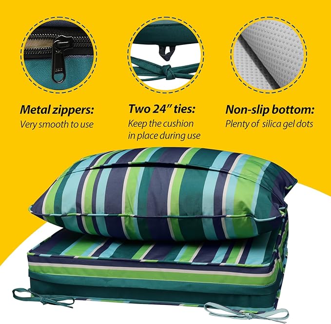 AAAAAcessories Outdoor Seat Cushions for Chairs, Fade-Resistant, Waterproof Patio Furniture Replacement Cushions, 20" x 18" x 3" + 20" x 17", Stormy Teal Coastal Stripe