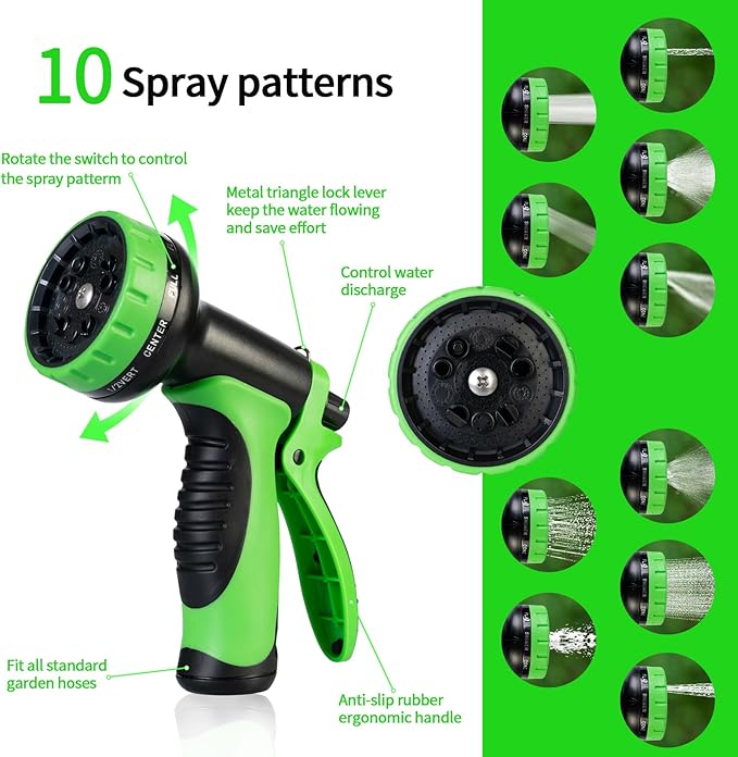 Garden Hose 75 FT,Non-Expanding,10 Functional Nozzles,Garden Hose anti-kink,Heavy Duty Flexible Water Hose 75 FT,Suitable for Outdoor,Yard, Car Washing (green, 75ft)
