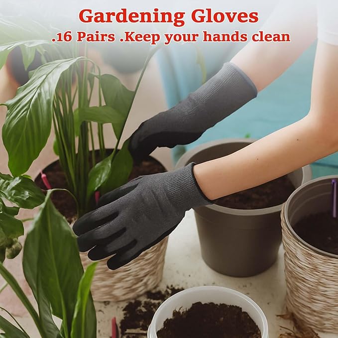16 Pairs Gardening Gloves for Women Ladies, Breathable Rubber Coated for Yard Garden, Outdoor Indoor Protective Work with Grip, Medium Size, Multicolor