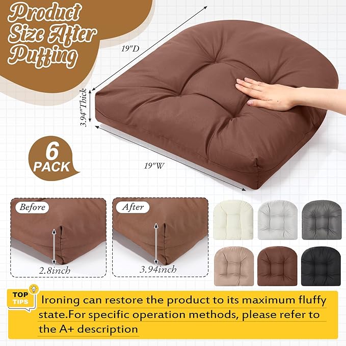 Thyle Outdoor Chair Cushions Set of 6 Waterproof Sun Protection Square Tufted Overstuffed Patio Furniture Seat Cushion for Patio Furniture Dining Indoor 19" x 19"(Neutral)