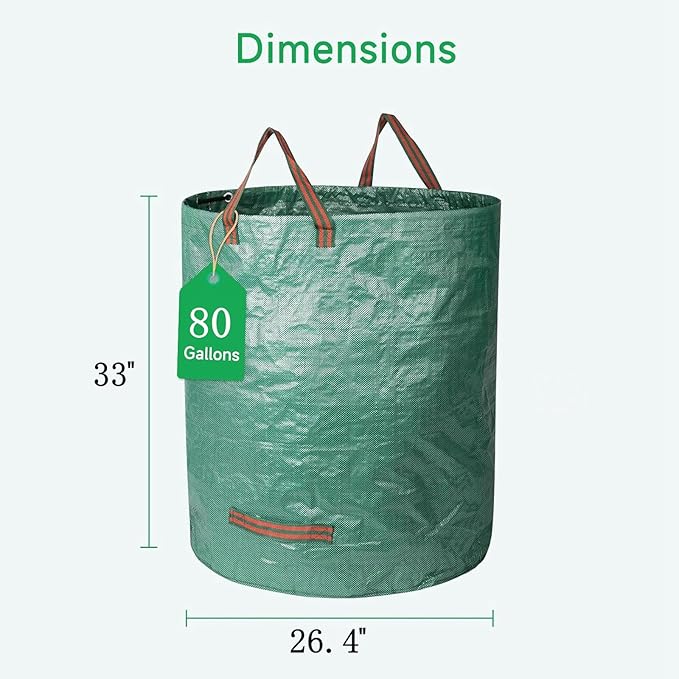 2-Pack 80 Gallon (33H x 26D Inches) Reusable Standable Yard Waste Bags with 4 Handles for Leaves, Debris, Grass Clippings, Garden Trash