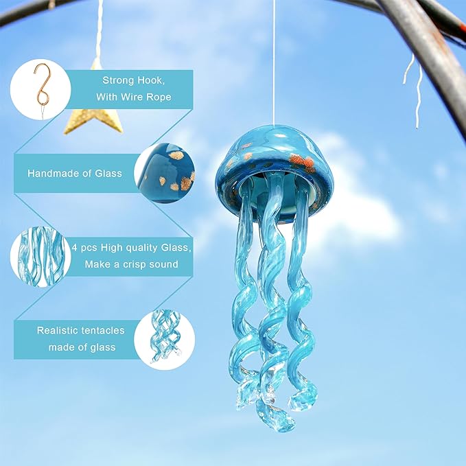 Handblown Art Glass Jellyfish Wind Chime,Glass Jellyfish Hanging Sun Catcher Wind Chime,Wind Chimes for Outside,Sea Glass Blown Wind Chimes for Beach Party,Wedding Decor(Aqua Blue)