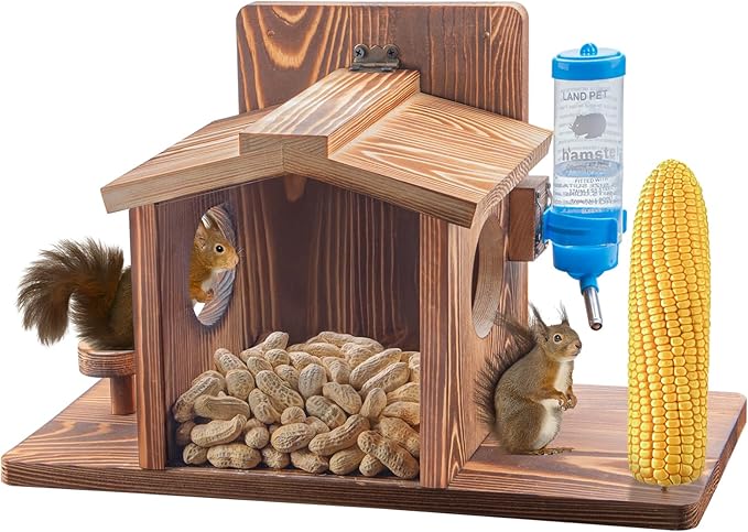 Squirrel Feeder for Outside, Squirrel Picnic Table Feeder for Corn Cob, Peanut and Nuts, Hanging Chipmunk House Box for Outdoors with Window and Squirrel Water Feeder
