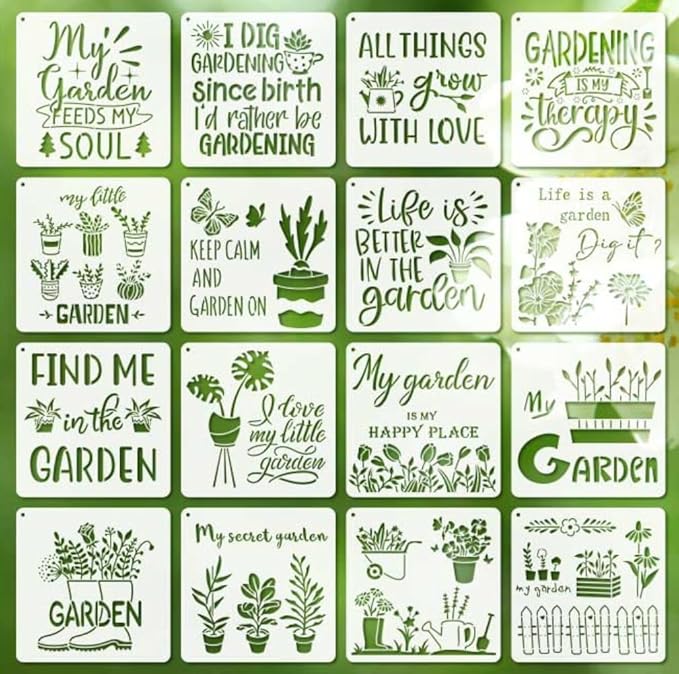 16-Pack Garden Word Stencils, Reusable Gardening Quote Templates for Wood Signs, Wall Art, DIY Crafts & Baking Decor - 7.87x7.87 Inch PET Stencils Set