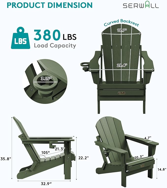 SERWALL Foldable Adirondack Chair Set of 2 for Patio Garden Outdoors Fire Pit Chairs-Avocadogreen