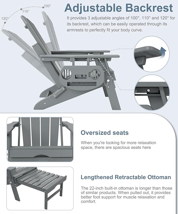 Adjustable Adirondack Chair with Retractable Ottoman, HDPE Folding Adirondack Chair with Cup Holder, All Weather Fire Pit Chair for Outdoor.