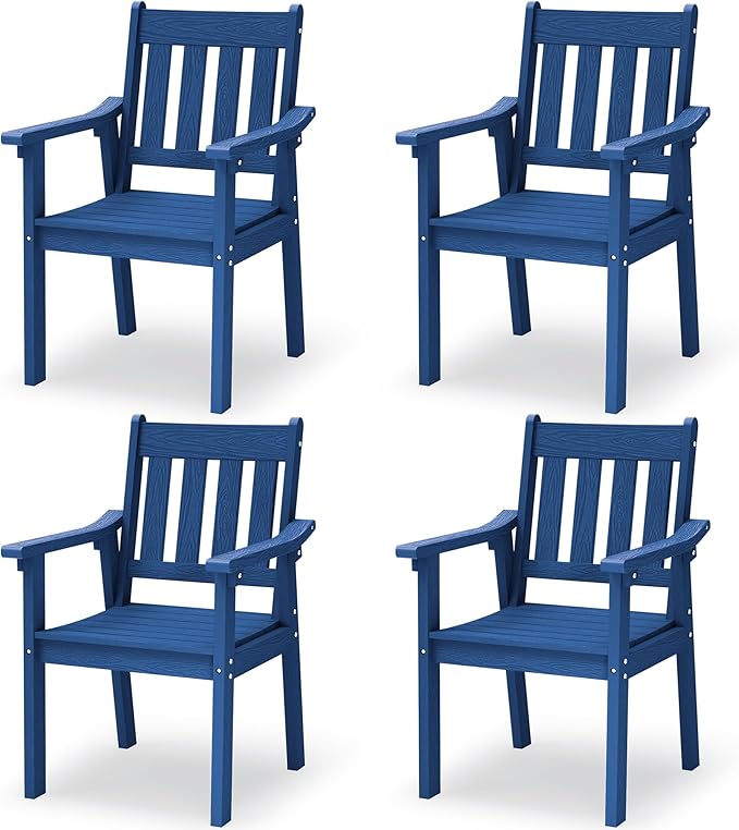 YEFU Patio Dining Chairs Set of 4: All Weather Outdoor Dining Chairs with Wide Curved Seat and Backrest - Outdoor Furniture Plastic for Outside Backyard/Garden/Porch/Deck 350lbs Capacity Blue