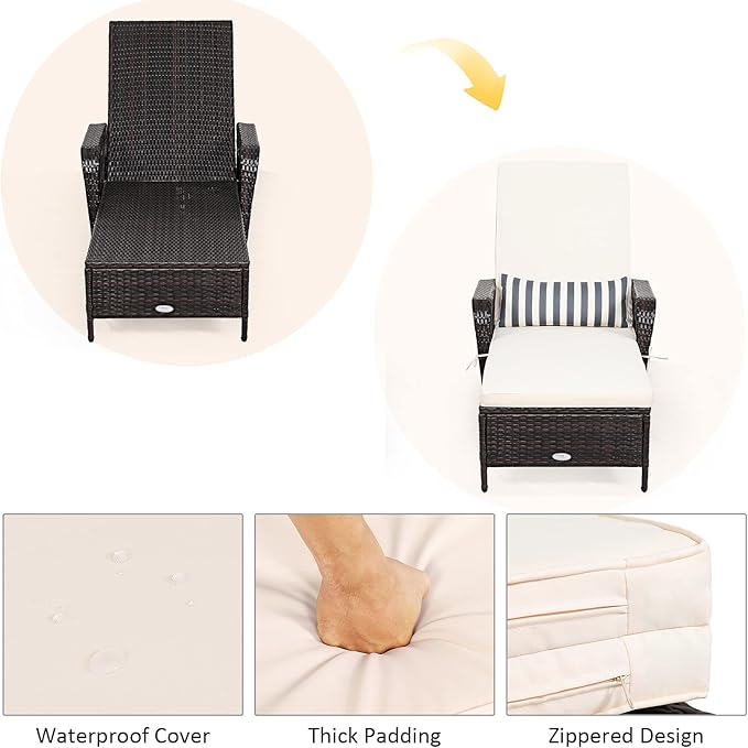 Tangkula Wicker Chaise Lounge Outdoor, Patio Rattan Reclining Chaise with 6-Gear Adjustable Backrest, Thick Padded Cushion & Removable Lumbar Pillow, Pool Lounge Chairs for Outside Balcony Backyard