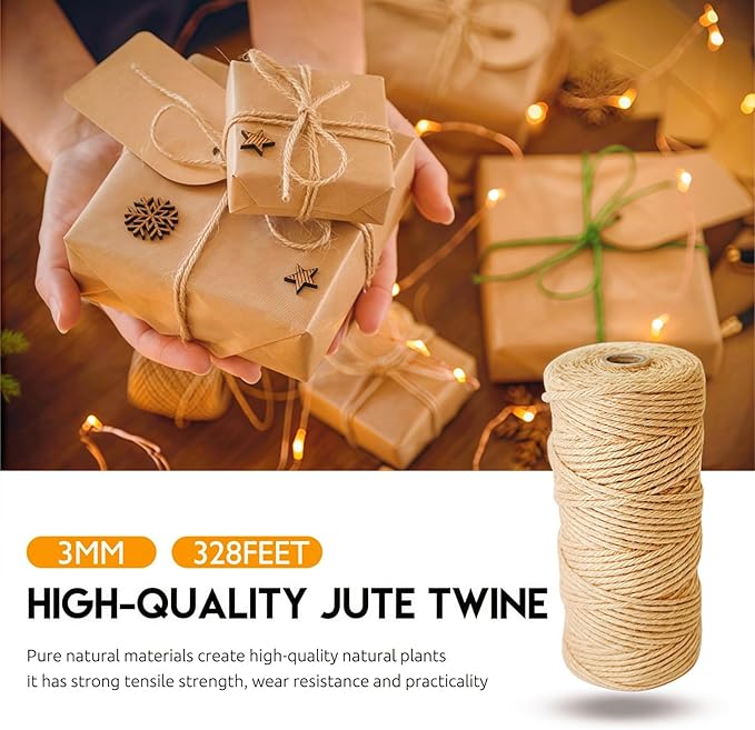 3MM Natural Jute Twine String — 328Ft Brown Durable Jute Rope, Used for Hand Crochet, Climbing Plant, Gardening Flowers, Home Decorations, Art Crafts Gift Packaging, Weddings, Christmas