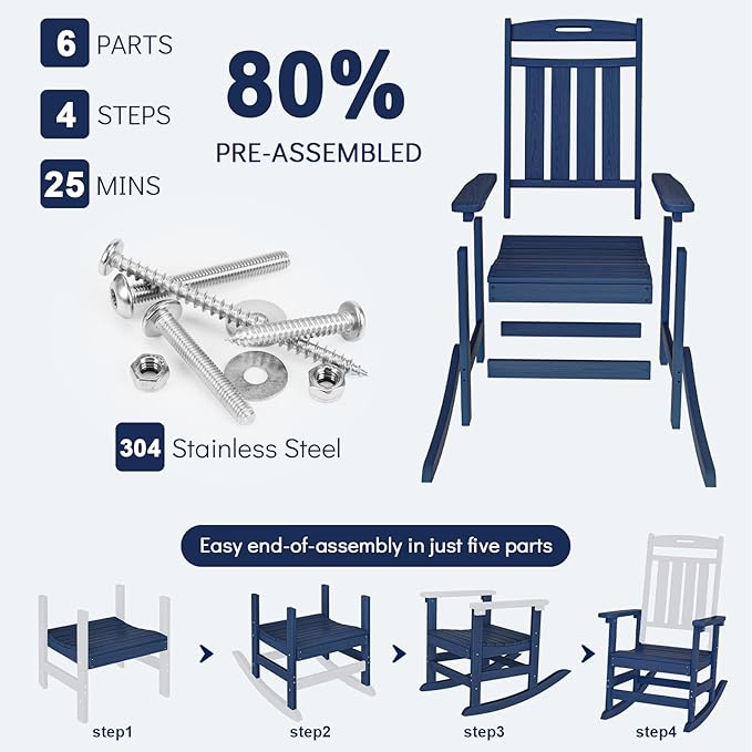 Plawdlik Oversized Outdoor Rocking Chair - All-Weather Resistant,HDPE Heavy Duty Patio Rockers with High Back - Perfect for Porch,Garden,Modern Style Set of 2-Navy Blue