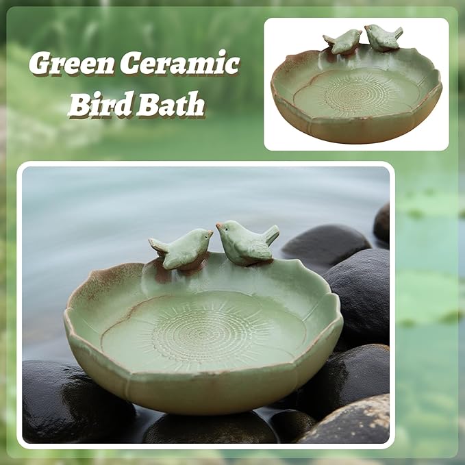 Green Ceramic Bird Bath Bowl - 9.45-Inch Ceramic Bird Baths for Outdoors, Durable Ground Bird Bath Bowl Ideal for Garden, Tabletop, Deck, Balcony & Lawn Use
