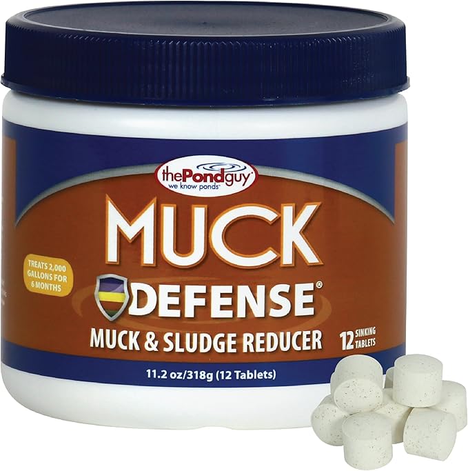 The Pond Guy Muck Defense, Natural Sludge Control Treatment, Water Garden Mud Digester & Odor Remover, Fish, Bird & Pet Safe, Easy Dosing, 12 Tablet