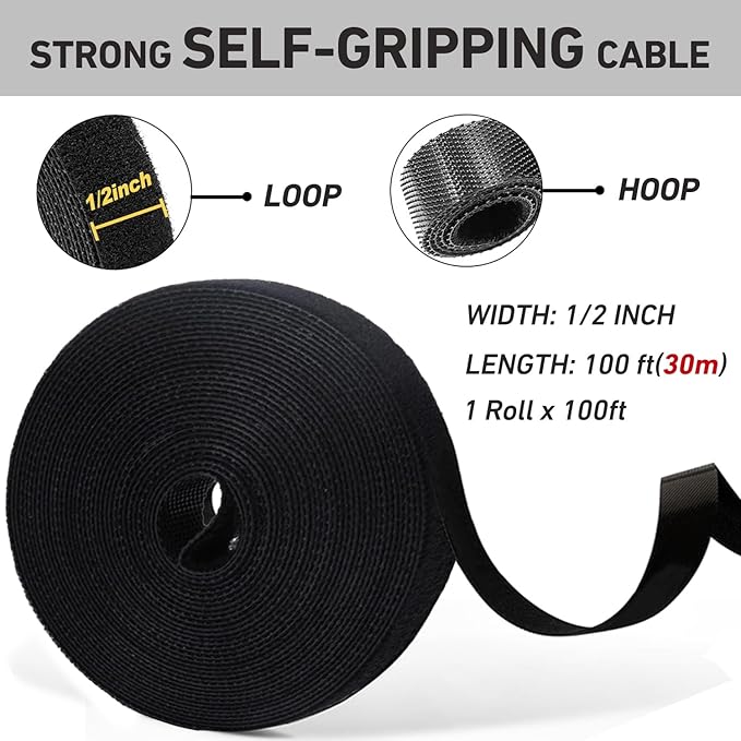 100ft x1/2 in Hook and Loop Roll, Hitotsu Reusable Fastening Tape Cable Ties, Self-Gripping Multi-Purpose Wrap Fasteners for Cord Manage,Home, Office, Electrical Cords, Data Center, White