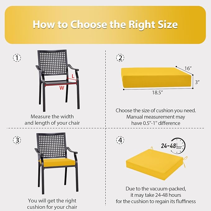 Outdoor Chair Cushions Set of 6, 18.5 x 16 Inch Patio Chair Cushions for Outdoor Furniture, Water Resistant, Non-Slip Ties (Yellow)