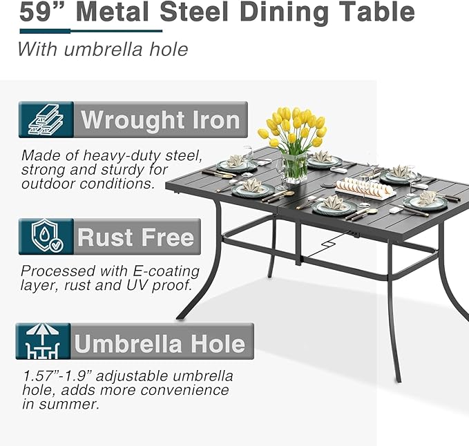 PHI VILLA 7 Pieces Outdoor Dining Set for 6, Rectangular 60" Steel Dining Table & Wrought Iron Swivel Dining Chairs with Cushions, Morden Dining Furniture Set for Patio, Deck, Porch
