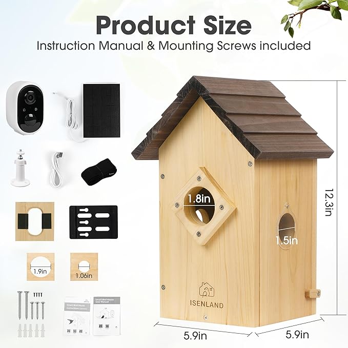 Smart Bird House with AI Identify Camera, 1080P Birdhouse for Outside with Night Vision, Birdhouse with Camera APP Control, Solar Powered Bird House, 2.4G WiFi App to Observe Bird Activities