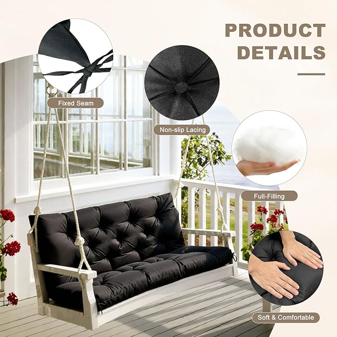 Porch Swing Cushion with Backrest,Waterproof Bench Cushion for Outdoor Furniture,2-3 Seater Replacement Thickened Swing Cushion with Ties,Patio,Outdoor,Backyard and Garden (Black,60x40)