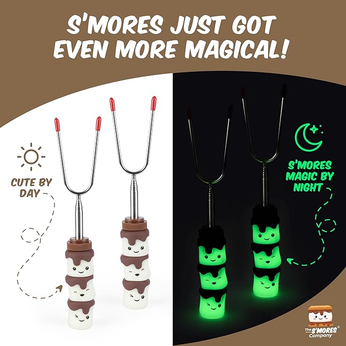 THE S'MORES COMPANY - Glow in the Dark Marshmallow Roasting Sticks - Set of 2 Rotating Smores Sticks - Telescoping Extra Long Marshmallow Sticks for Fire Pit, Campfire & Bonfire - Camping Accessories