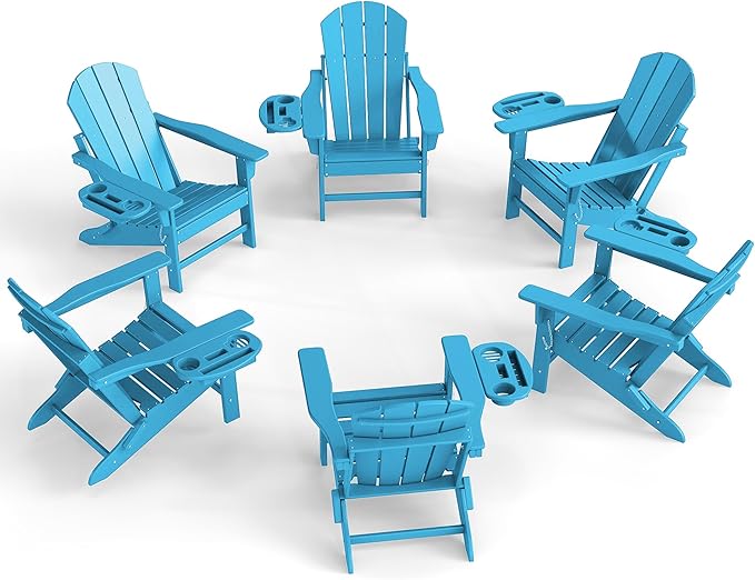 Adirondack Chair Set of 6, HDPE Folding Adirondack Chair with Multifunctional Cup Holder, Weather Resistant Fire Pit Chair for porches, patios, poolsides, Decks.