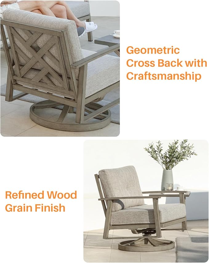 Outdoor Swivel Patio Chairs Set of 2, Outdoor Aluminum Swivel Armchair Conversation Set with Cushion, 2 Pieces All Weather Patio Furniture Sofa Chairs Set for Garden, Poolside, Lawn, Limed Oak
