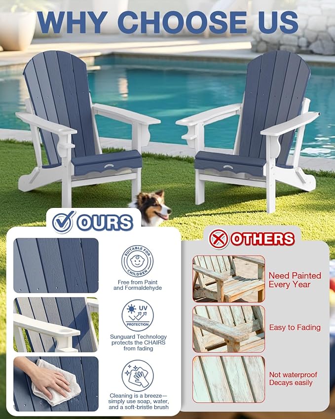 Folding Adirondack Chair –Recyclable HDPE Outdoor Adirondack Patio Chair with Cup Holder, Wood Texture & Umbrella Hole, 25-Year Fade-Free All Weather for Fire Pit, Porch, Poolside, Deck, Blue & White