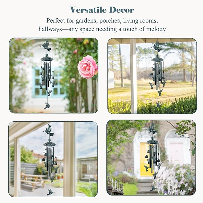 Vintage Bronze Hummingbird Wind Chimes for Outside, Retro Bird Gifts for Women Mom, Sympathy Memorial Windchimes for Garden Yard Patio Decor, Rustic Metal Wind Bell for Birthday Mother’s Day
