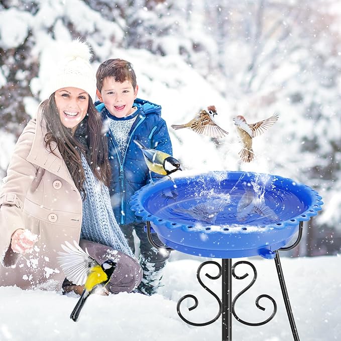 Heated Bird Baths for Outdoors,Upgraded 100W Thermostat Control Heated BirdBaths for Winter with Metal 5 Prong Base Heated Bird Bath for Outside Winter Garden Yard Patio Lawn (Blue)