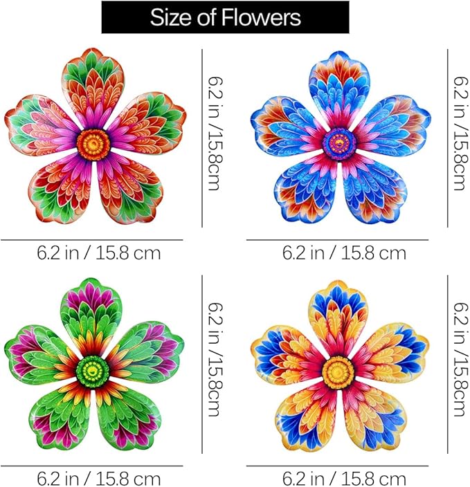 Giyyomtr Metal Flowers Wall Decor - 4pcs 6.2'' Metal Wall Art Hanging Decorations for Outdoor Fence Garden Yard Patio Decor, Gift for Mom Friends