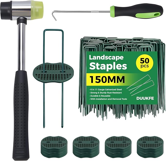 50Pcs Garden Staples +50Pcs Gasket +Pick Hook +Rubber Mallet, 6 Inch Landscape Fabric Stakes Galvanized Weed Barrier Stakes 11 Gauge Landscape Pins U Shape Lawn Staples for Yard, Sod, Turf, Green